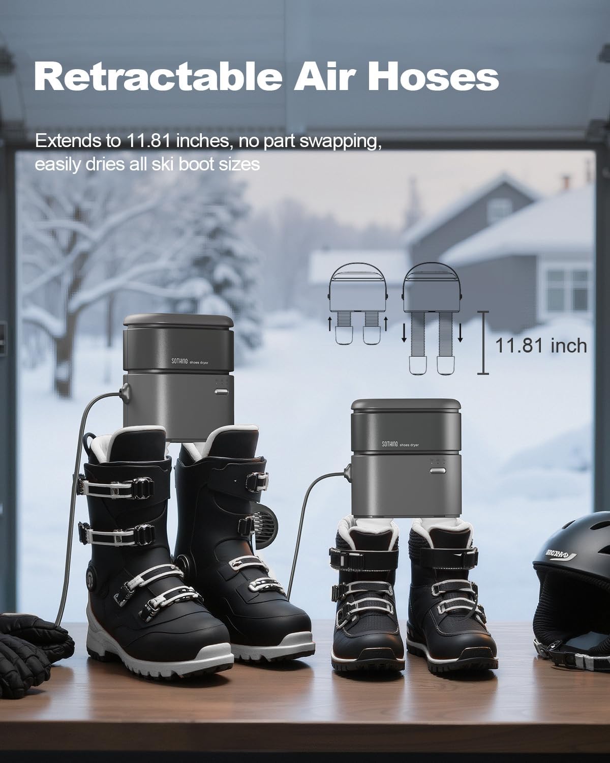 Lang retractable hose reach shown with two boot heights